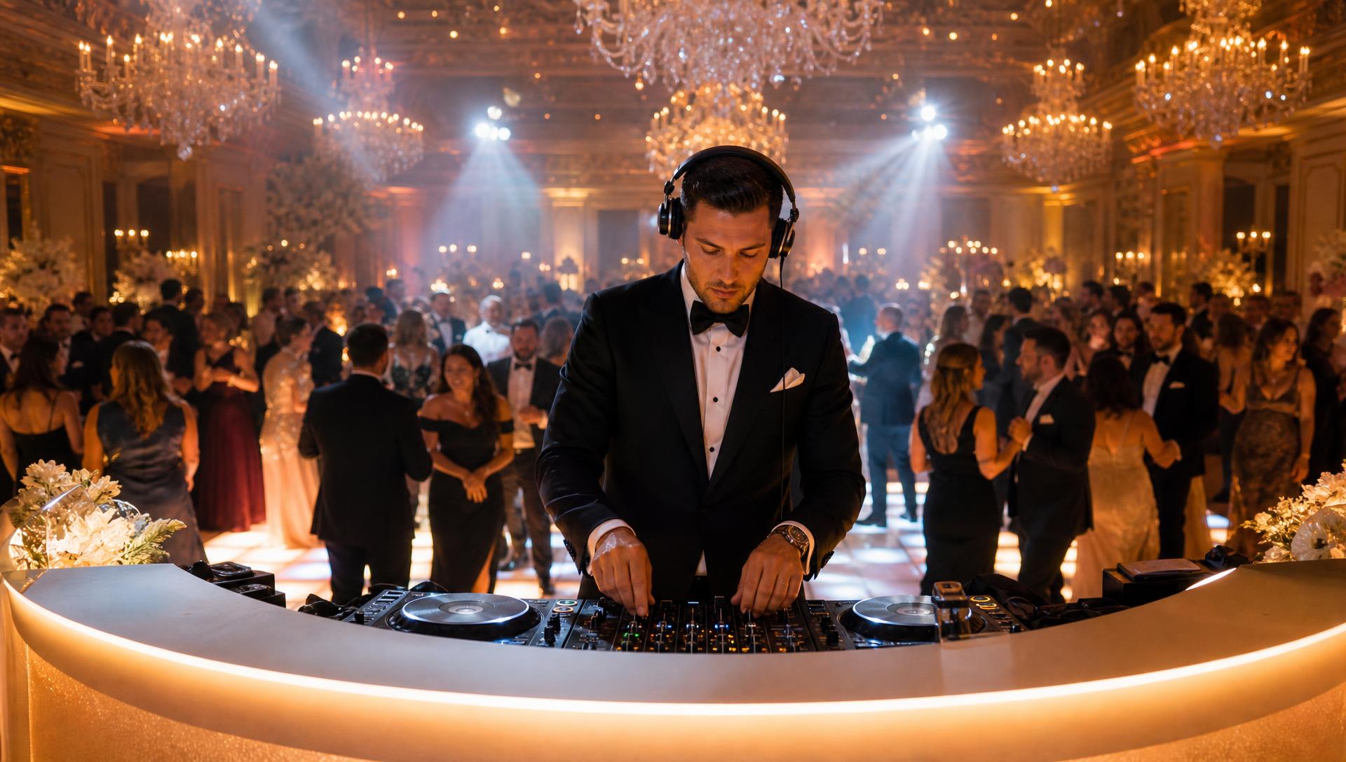 DJ de bodas profesional ambientando el primer baile de los novios con iluminación dorada